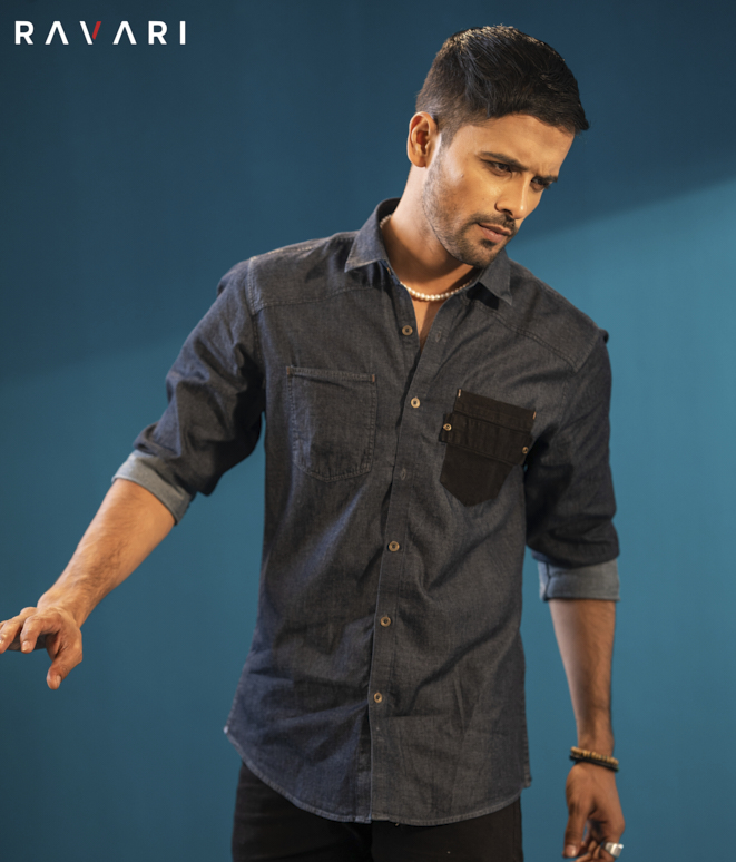 Classic Denim Shirt with Accent Pocket